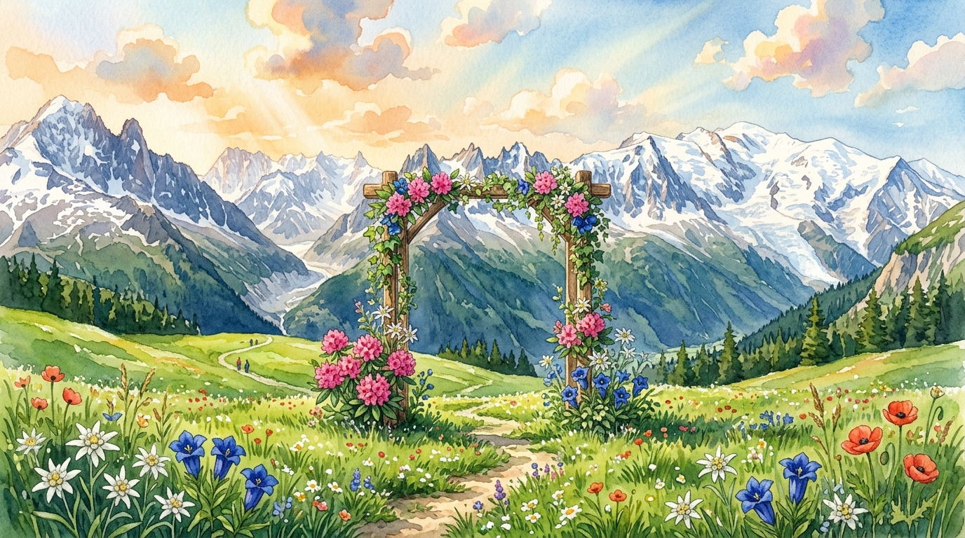 Pradera alpina con arco de boda de flores silvestres y cordillera nevada