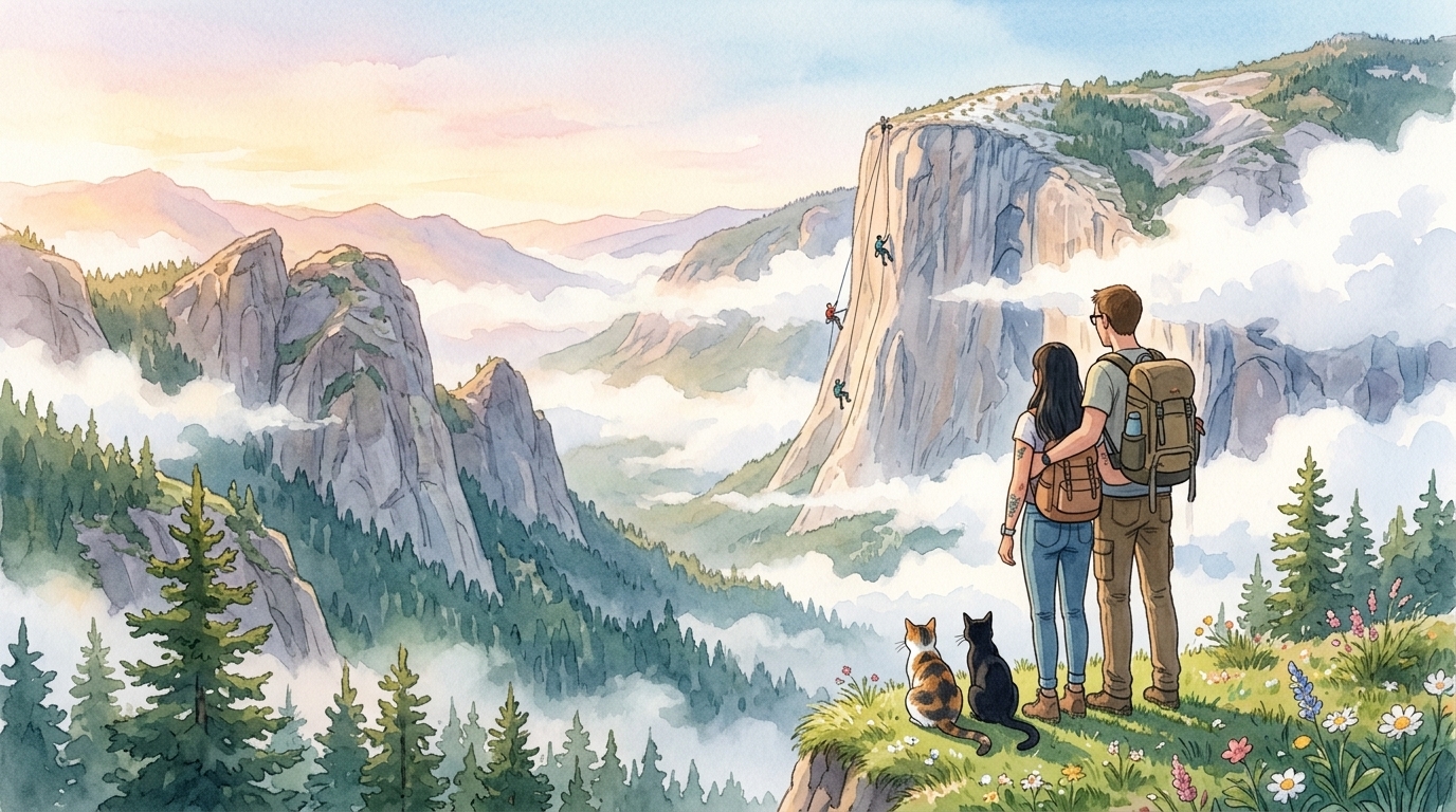 Pablo y Lauren contemplando la cordillera con sus gatas Suki y Kira